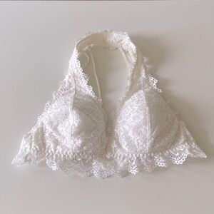 Luvlette Longline Bralette Lace Halter Bra Wireless Coastal Bridal White